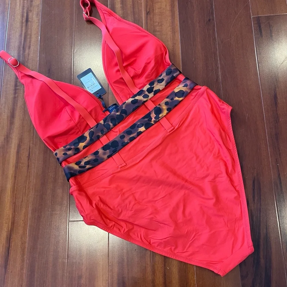 New NWT City Chic Fox‎ & Royal Red Swimsuit One-Piece Swim Animal Print Belt 14